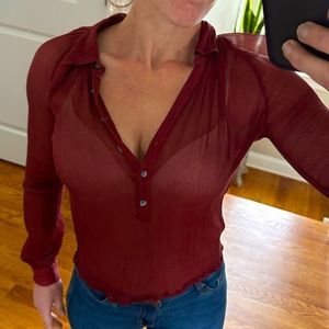 Club Monaco Sheer Silk Collared Blouse Button front holiday party red top